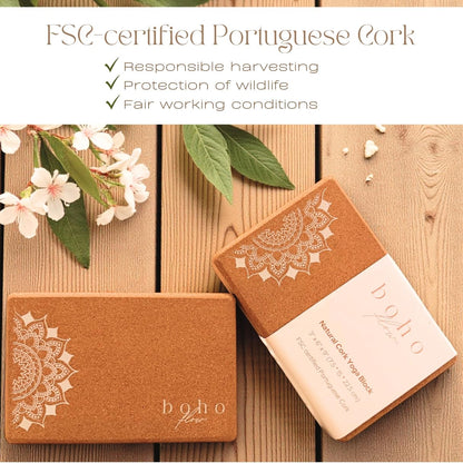 Boho Flow Cork Yoga Block Set – 2 Pack with Strap & Canvas Bag | Luxury Portuguese Yoga Blocks 9”x6”x3” | Heavy-Duty, Non-Slip Support | Eco-Friendly, Plastic-Free Materials