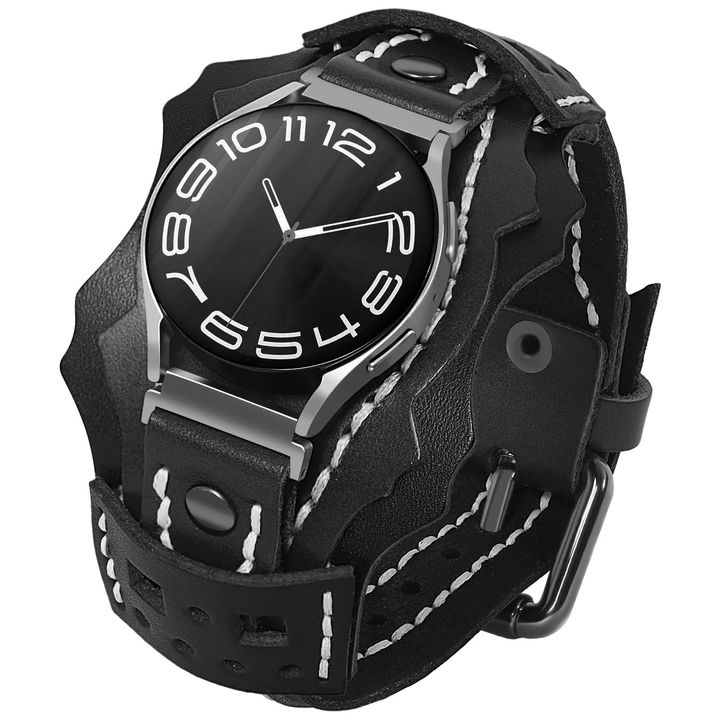 VIQIV Leather Band Compatible with Samsung Galaxy Watch 7/6/5/4/FE Active 2 40mm 44mm/Watch 4 6 Classic 43mm 47mm 42mm 46mm/Watch 5 Pro 45mm Bands Men, 20mm Two-Tone Gothic Biker Sport Leather Strap Women, Black
