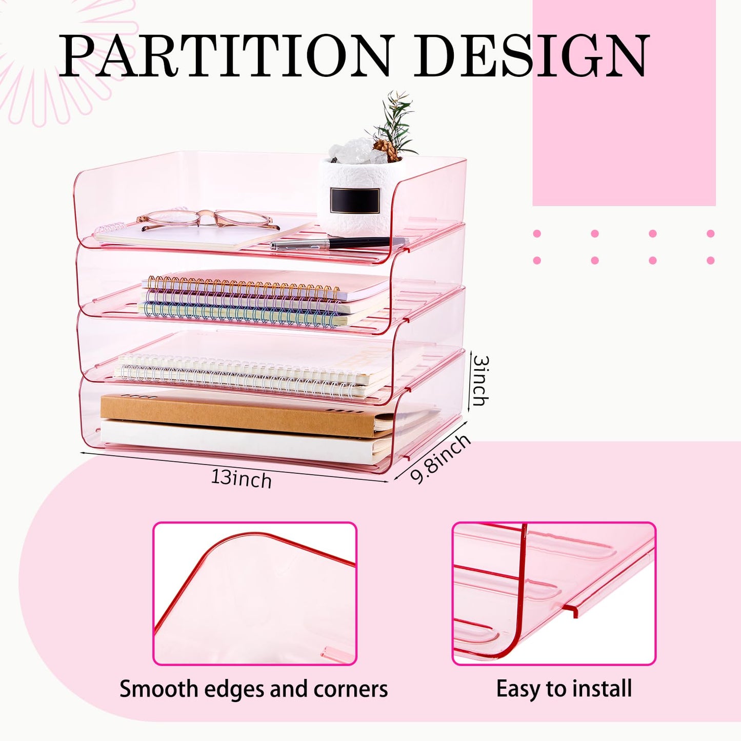 Harloon 4 Tier Acrylic Paper Tray 13 x 9.8 x 3 Inches Stackable Letter Clear Organizer No Need to Assemble Acrylic Paper Organizer File Tray for Office Workspace Desktop Storage (Transparent Pink)