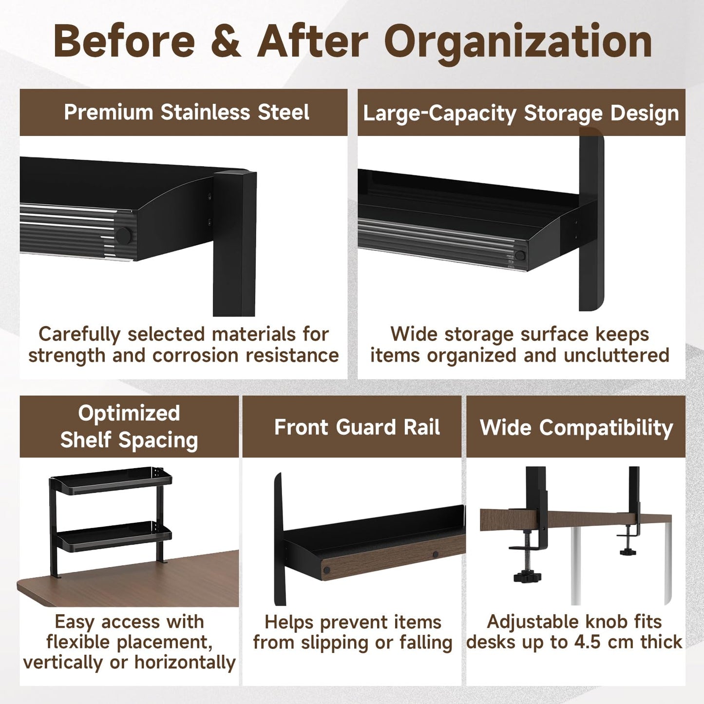 Risirica Clamp on Desk Shelf,17'' 2 Tier Office Desk Shelves Organizer with Under-Desk Hidden Storage Basket,Wood Desktop Supplies Storage Rack for Home Workspace, Study Rooms,Gaming Devices (Black)