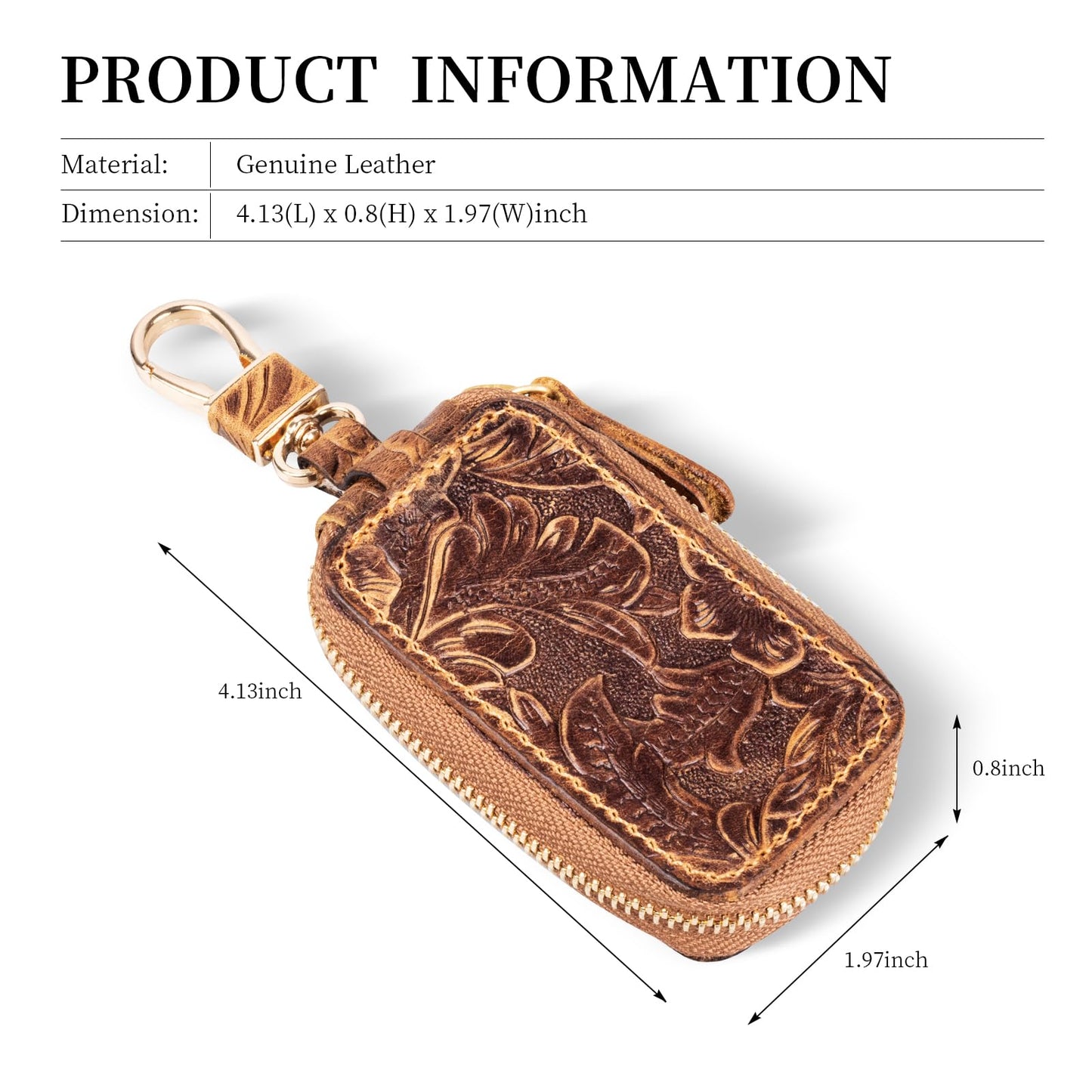 Gexmil Genuine Leather Zipper Car Key Case, Full Grain Leather, Pure Brass Hardware, Hand-Made Universal Car Key Holder, Mini Coin Bag for Women Men,Floral Brown