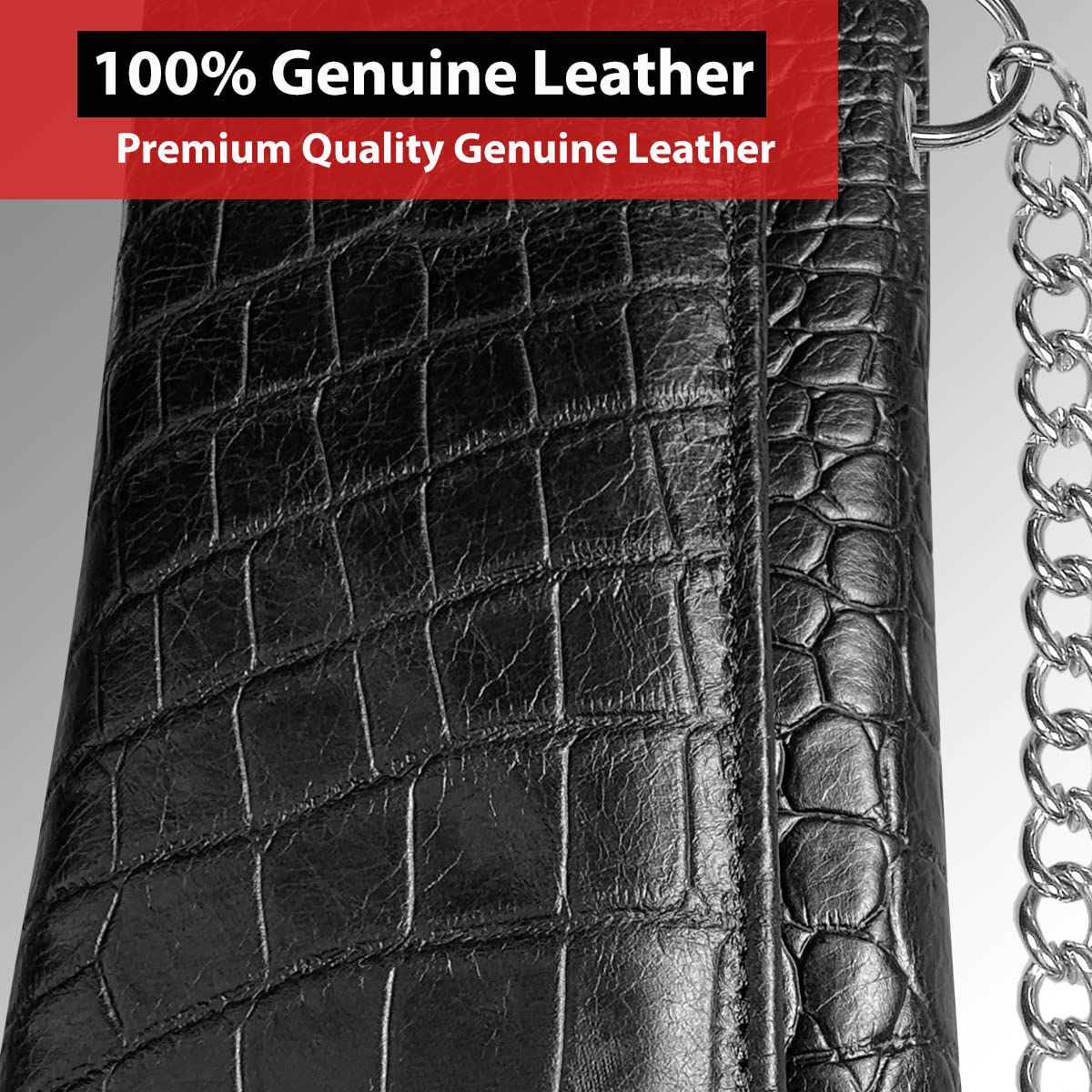 IBRO Motorcycle Chain Wallet for Men – Premium Cowhide Leather, RFID Tri-Fold Biker Wallet with Heavy Duty Chain for Bikers Truckers & Hunters, Credit Card Money Organizer Long Wallet Crocodile Black