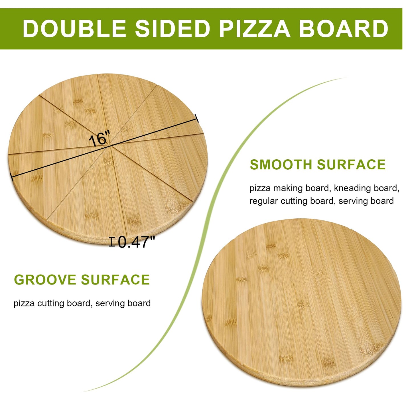 TUOCON 16" Pizza Cutting Board Double Sided Round Cutting Boards Large Pizza Server Bamboo Wooden 16inch Platter Pizza Oven Accessories Kitchen Gifts Pizza Prep Board with Grooves