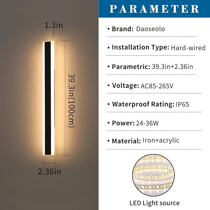 2 Pack Outdoor Wall Light Fixture, 39.3inch Black Modern Wall Sconce, IP65 Waterproof Dimmable 3000K-6000K with Remote Control, Outside Patio Lighting for Porch, Yard, Garage, Garden
