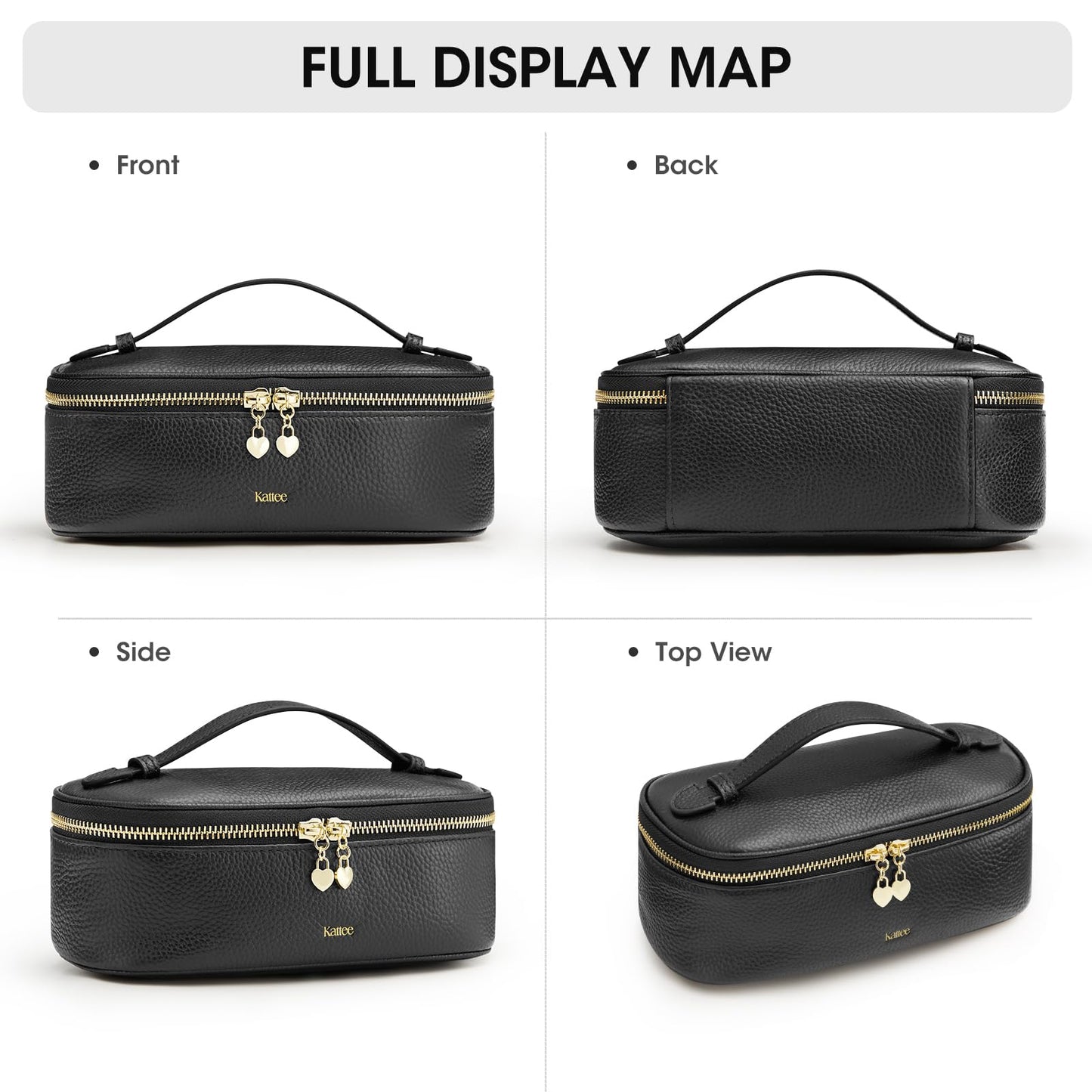 Kattee Makeup Bag for Women, Leather Cosmetic Bag, Working Makeup Bags for Ladies with Handles, Portable Travel Toiletry Bag,Black