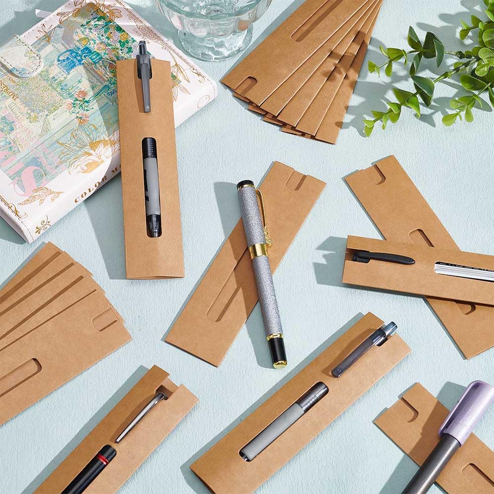 NBEADS 50 Pcs Kraft Pen Gift Boxes, Burlywood Slip-in Pen Packaging Box with Window for Pencil Ballpoint Fountain Pen Display Christmas Gift and Office School Supplies, 6.1x1.57inch