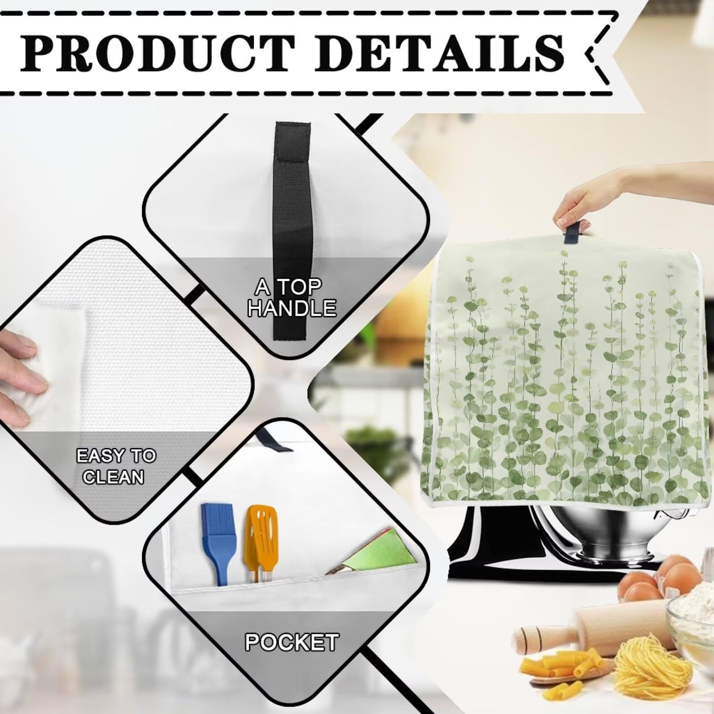 HUISEFOR Green Leaf Stand Mixer Cover Dust Protective Fresh Stand Mixer Covers For Kitchen Aid 4.5-5 Quart Mixers Dustproof Cloth Cover for Small Appliance Protector Kitchen Decoration
