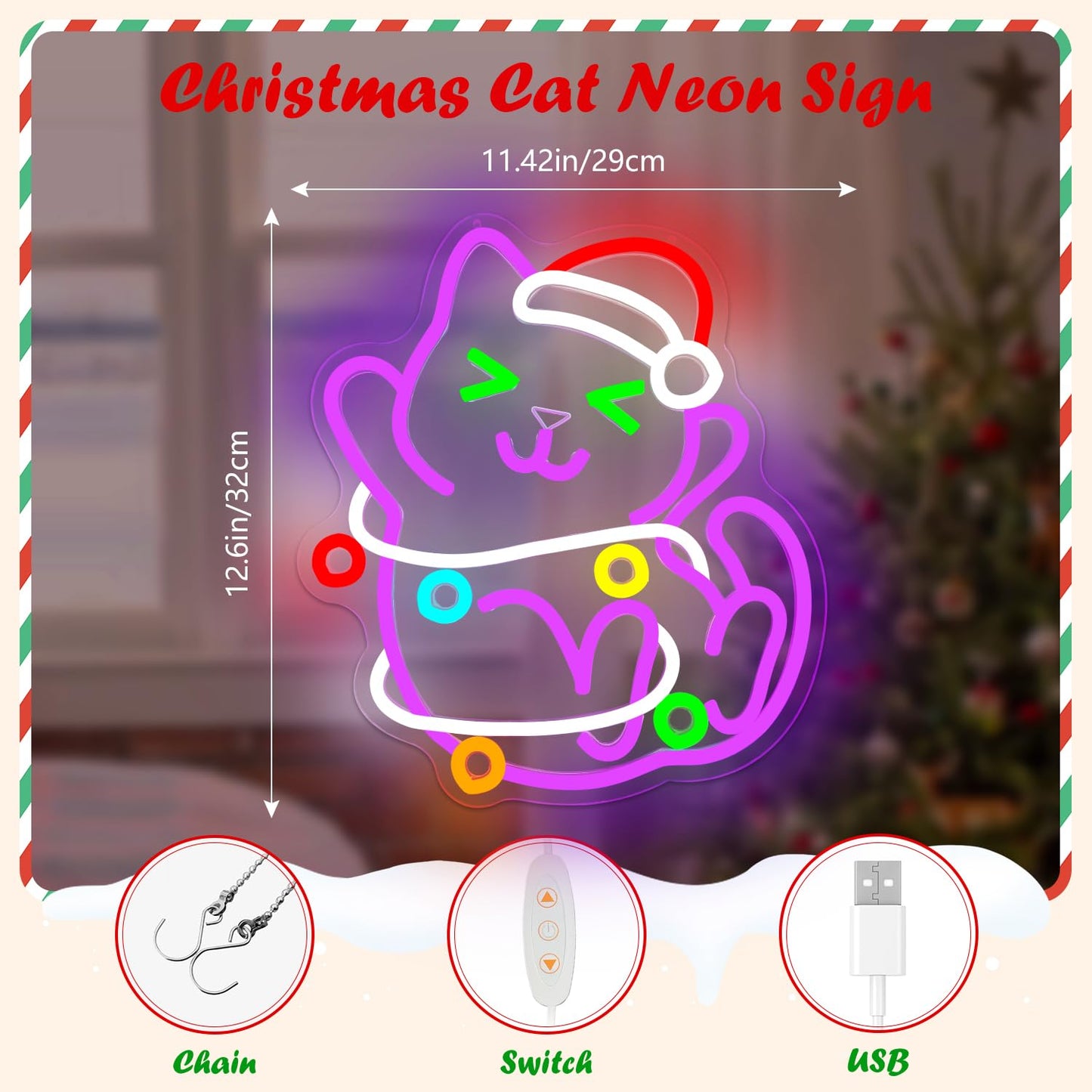 Jeanchrl Cat Christmas Neon Sign for Wall Dimmable Black Cat Decor Neon Light Sign for Bedroom Living Room Kids Room Meowy LED Signs Cute Christmas Neon Wall Art Ornament Gifts for Children Family