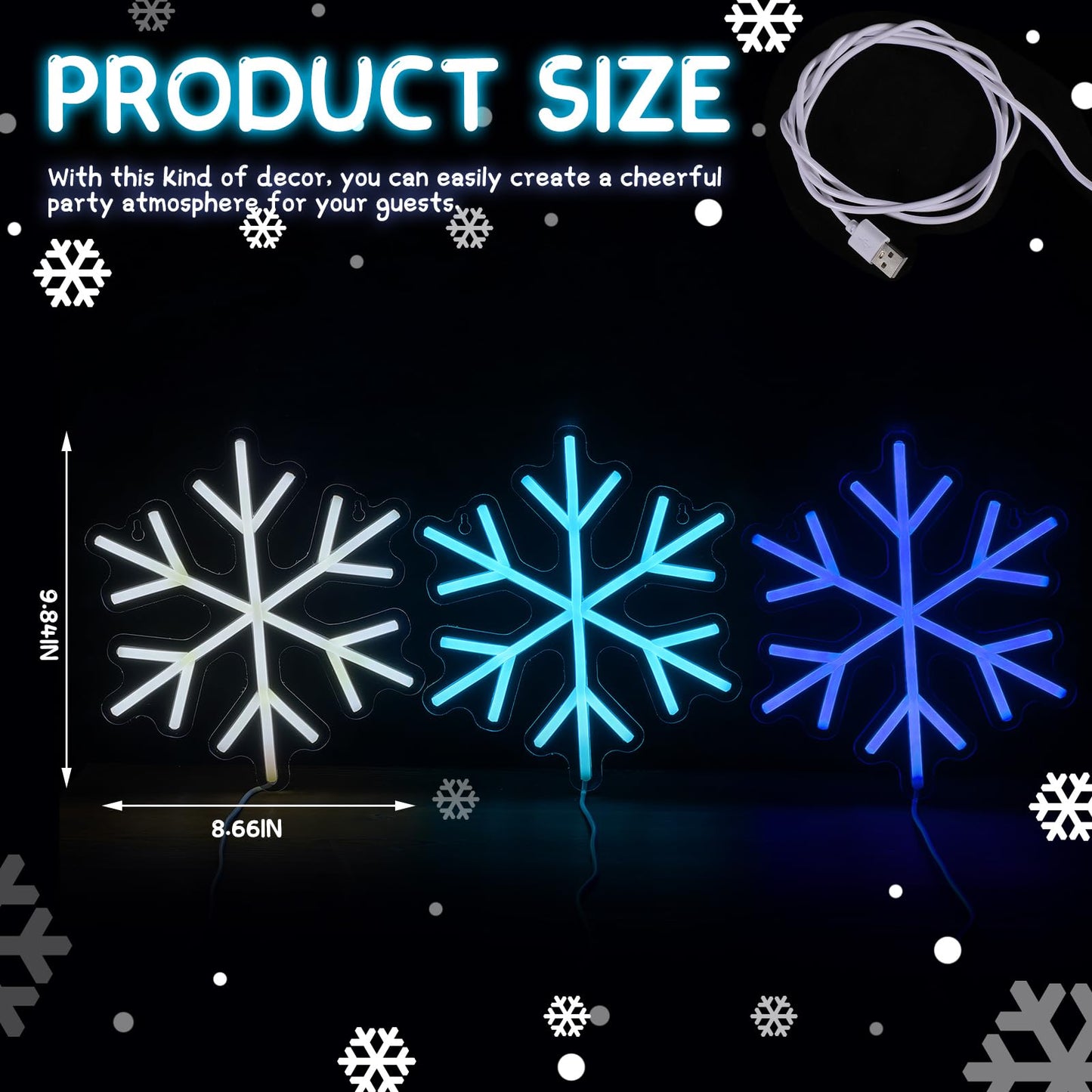 ROCEEI 3 Pcs Snowflake Neon Sign, Snowflake LED Lights Winter Neon Lights USB Window Wall Bar Living Room Decor for Winter Christmas Party Holiday Night Bedroom Gifts