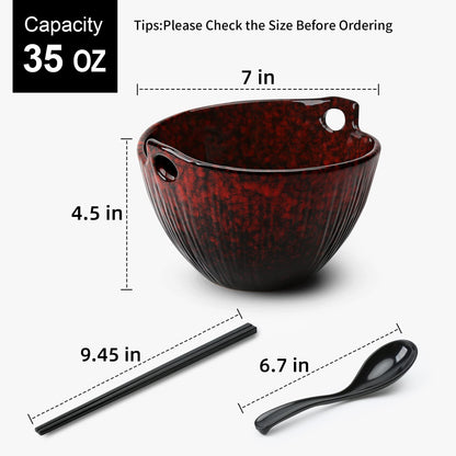 JH JIEMEI HOME Ramen Bowl with Chopsticks and Spoons, Ceramic Set of 2, Dishwasher Safe for Pho Udon Soba Noodle Salad Pasta, Special Reactive Glazed Crimson Bowls Set