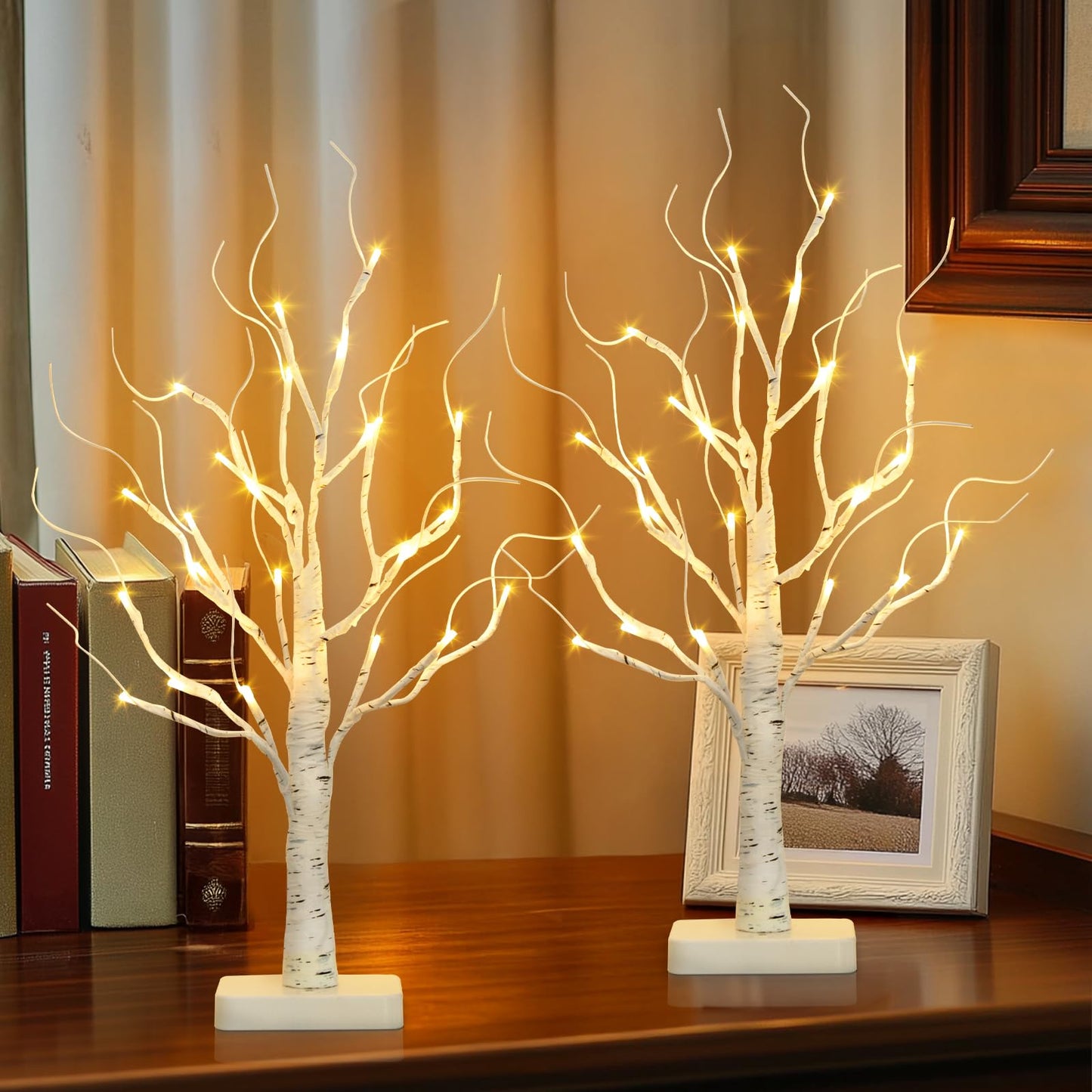 EAMBRITE Birch Tree with Led Lights, White Christmas Tree, Lighted Mini Small Artificial Tree Lamp Prelit Twig Trees Timer Battery Operated for Table Centerpiece Easter Home Decorations Indoor 2Pack
