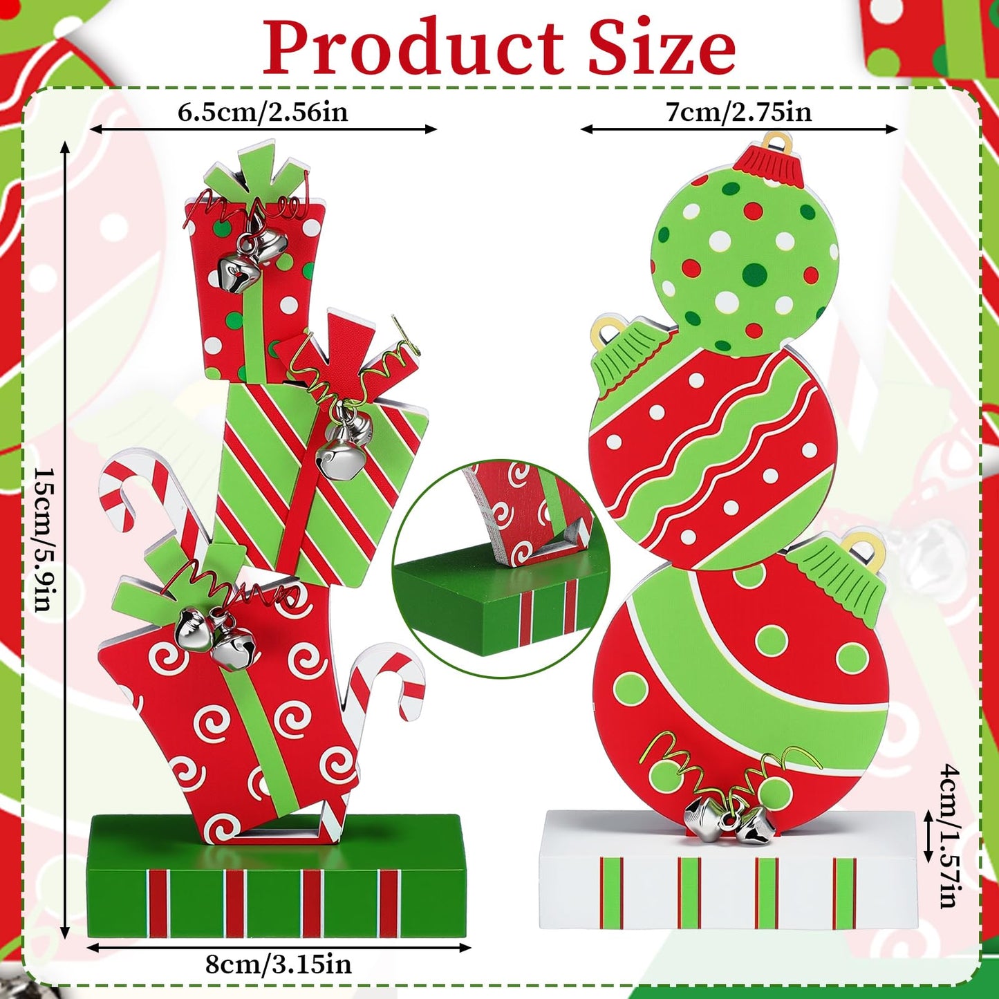 Amyhill 2 Pcs Christmas Table Decorations 5.9 Inch Wooden Xmas Centerpieces Red Green Gifts Box and Ball Ornaments Shape Christmas Signs Tabletop with Bells for Table Shelf Fireplace Holiday