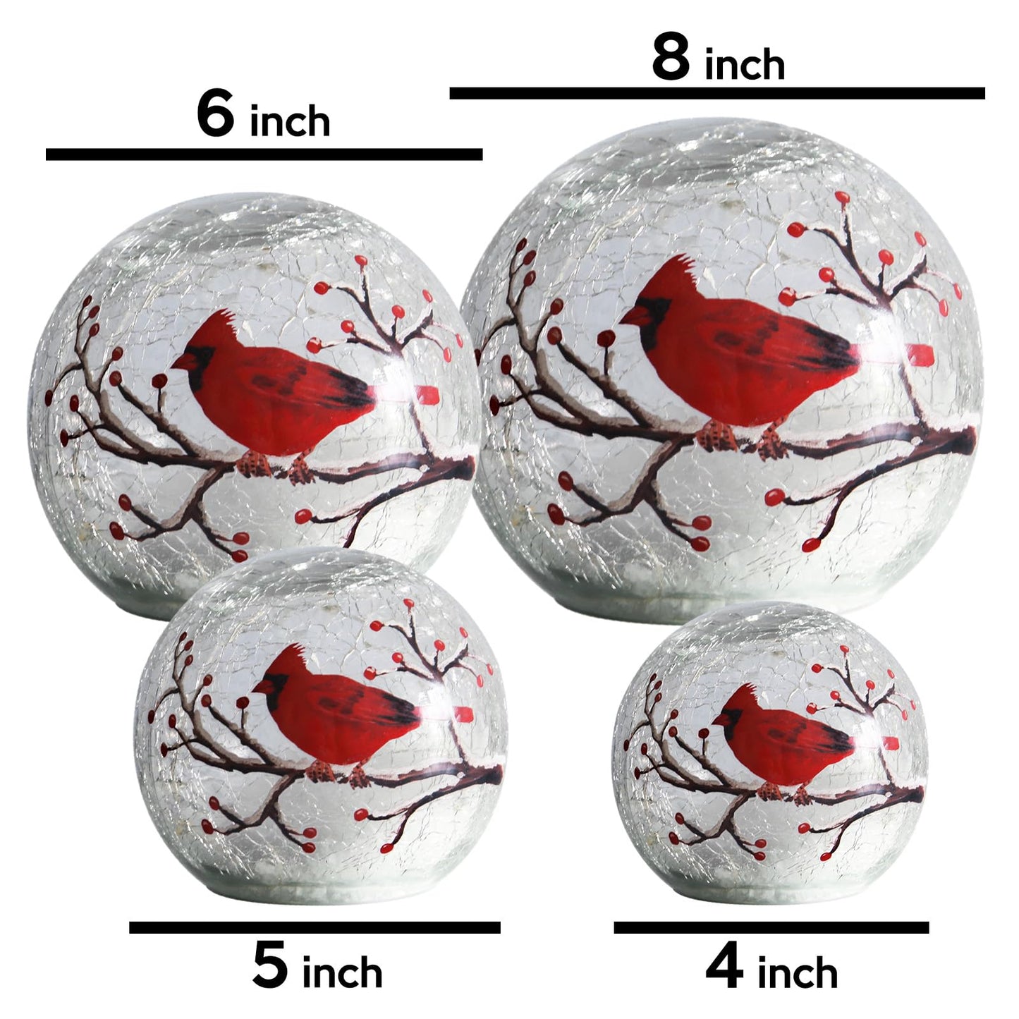 Crackle Glass Ball Cardinal Lamp With Timer - Light Up Red Bird Stained Glass Christmas Decor Accent - Orb Night Light LED Sphere Desk Globe Table Lamp