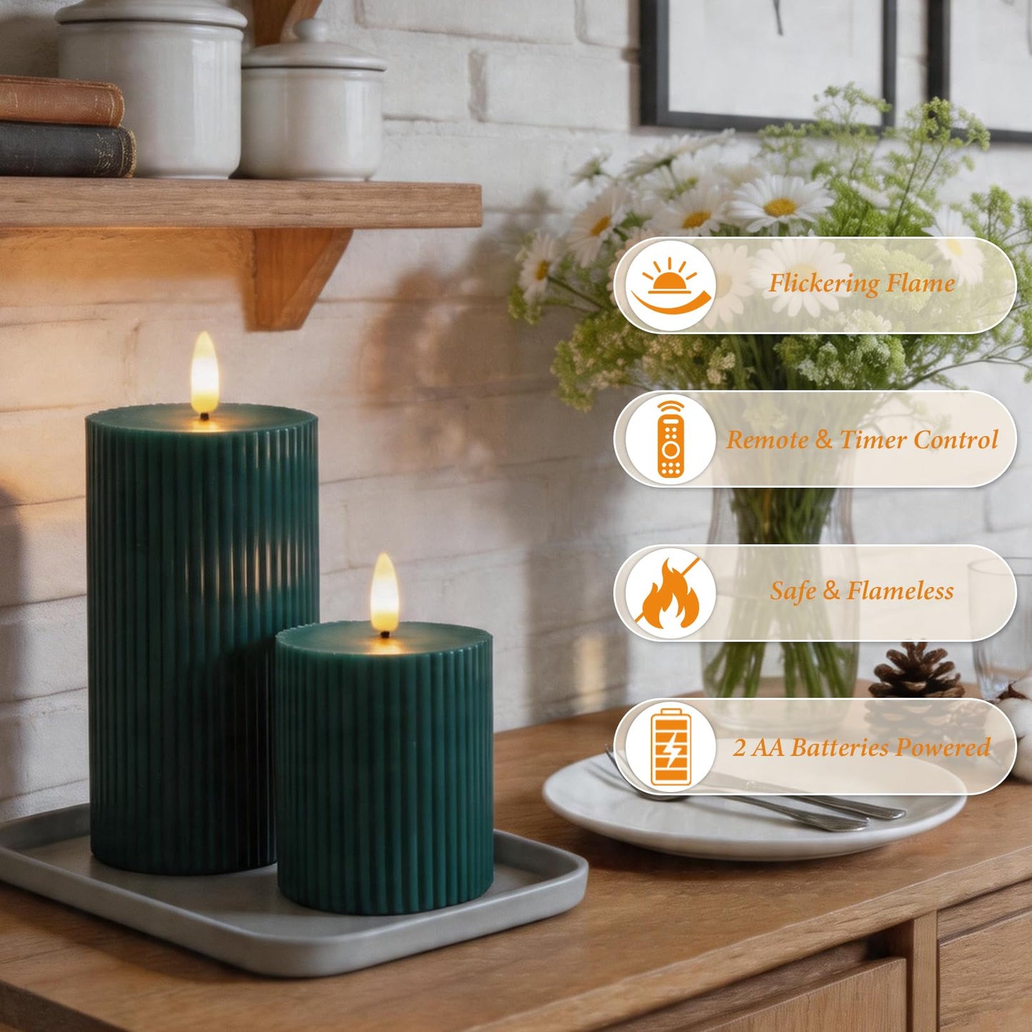 KiimLaa Christmas Green Ribbed Flameless Pillar Candles with Remote, Real Wax Flickering LED Candles Battery Operated with Timer, Set of 3 LED Candles for Wedding, Party, Dinner, Home Decor