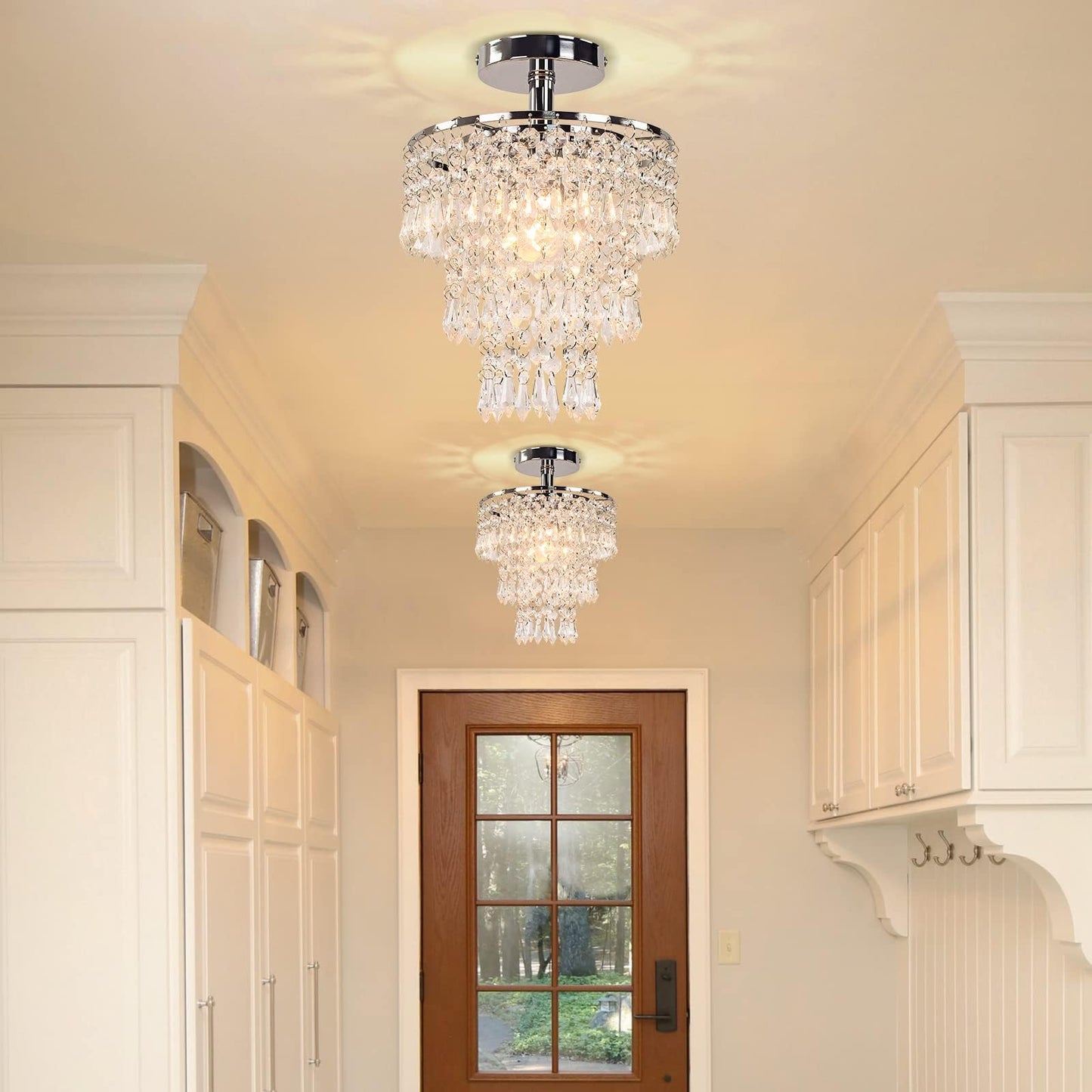 FRIXCHUR Small Crystal Chandelier Led Crystal Ceiling Lights 3 Tiers Crystal Raindrops Chandelier Pendant Lighting Fixture Decoration for Bedroom Hallway Living Room,Chrome, E26