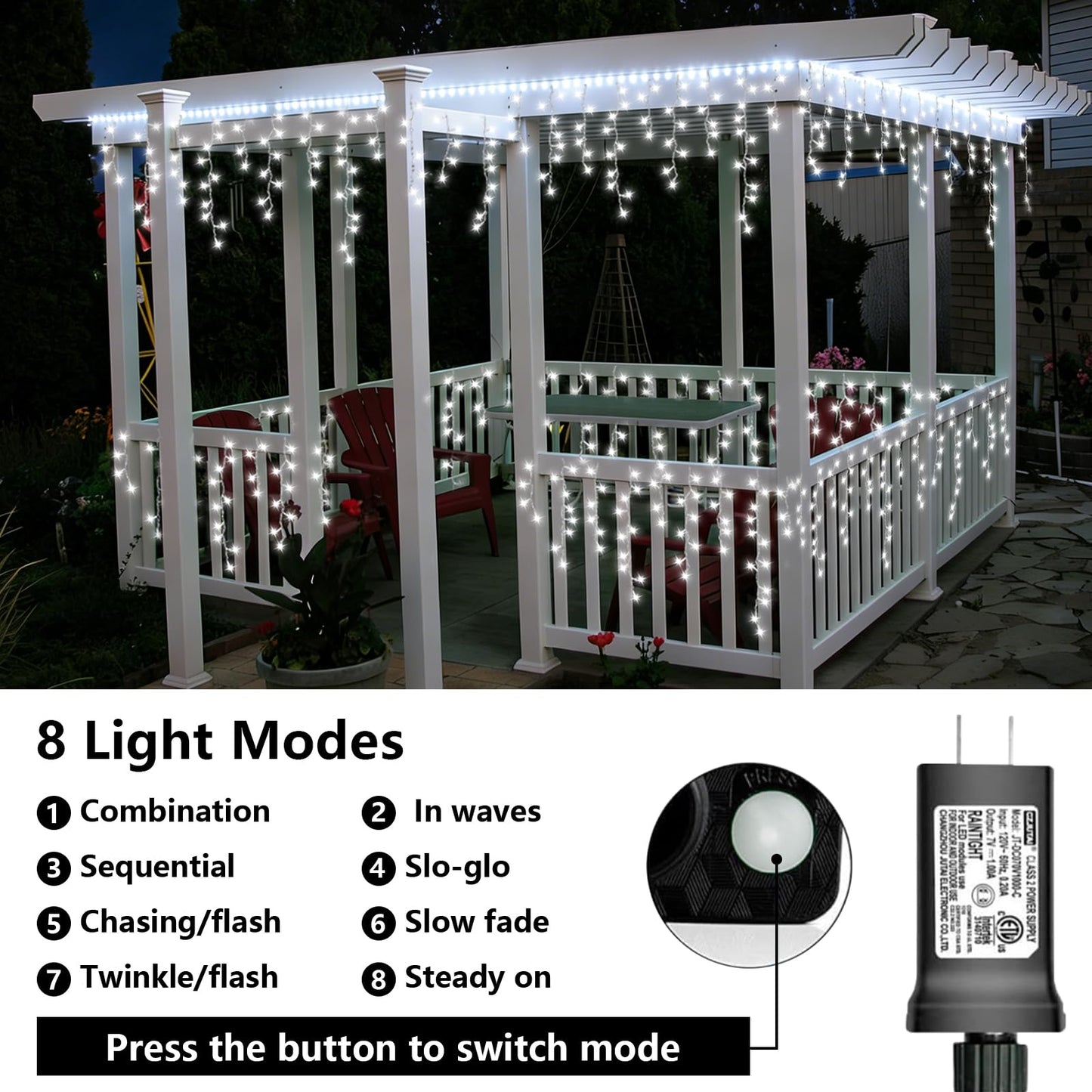 QITONG Icicle Lights for Outside, 33ft 400 LED String Lights Plug in with 8 Modes, Connectable White Icicle Christmas Light Clear Wire Indoor