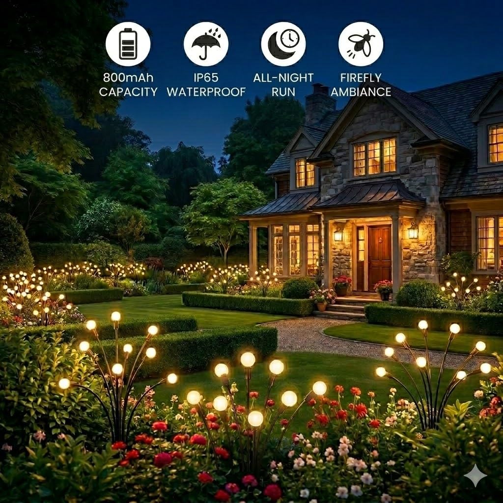 VerveAura 6 Pack Solar Firefly Lights Outdoor, Upgraded 800mAh Battery & Enlarged Bulbs, Warm White Swaying Garden Lamps, IP65 Waterproof Landscape Pathway Lighting for Yard Patio Decor