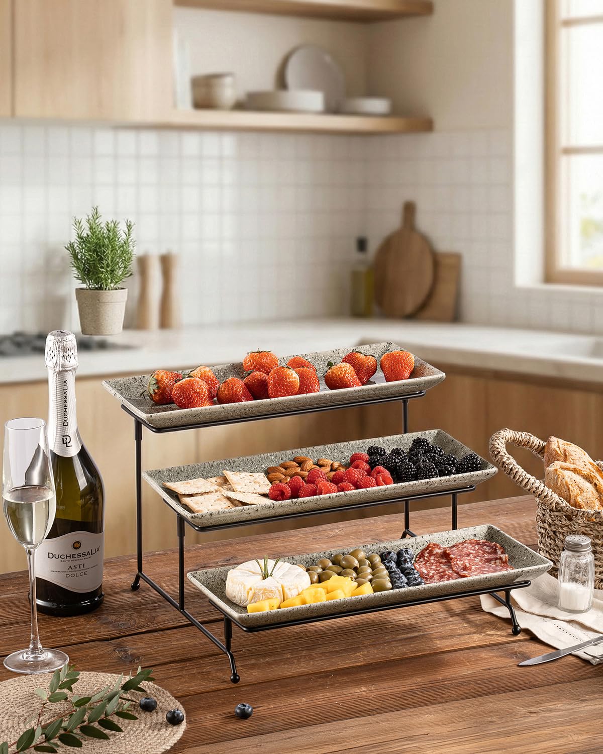LAUCHUH 3 Tier Serving Trays for Party, 14 inch Dessert Party Display Stand Serving Platters and Trays with Collapsible Sturdier Rack for Father's Day Serving Food, Speckled Gray