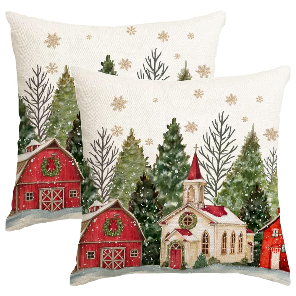 RABUSOFA Christmas Pillow Covers 18x18 Inch Set of 2 Christmas Tree Decoration Golden Snowflake Decorative Throw Pillows Winter Holiday Christmas Decor Farmhouse for Home Couch