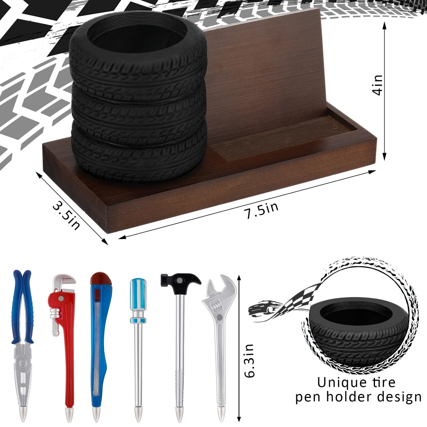 Feifeiya 7 Pcs Tire Pen Holder Tire Shape Funny Desk Accessories Include 6 Pcs Novelty Tool Car Business Card Holder Gift for Men Father's Day Mechanic Car Lover Salesman(Black,Walnut,Wood)