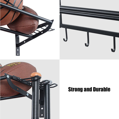 XCSOURCE Sports Equipment Organizer, 3-Tier Ball Storage Rack with Bat & Racket Holders, Wall Mounted Garage Sports Gear Storage Shelf with 4 Hooks for Balls, Helmets & Accessories (Glossy Black)