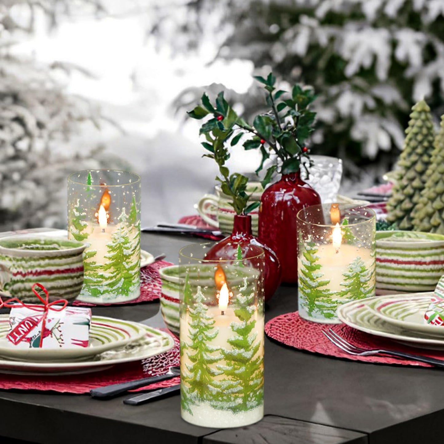 Eldnacele Christmas Tree Glass Flameless Candles Remote and Timer, Battery Operated Flickering LED Pillar Candles Warm White Light 3 Pack Dinner Xmas Festival Gift Holiday Decor(Green,3×4/5/6 Inch)