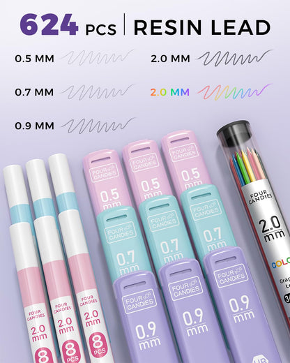 Four Candies 36PCS Aesthetic School Supplies, Mechanical Pencils 0.5mm, 0.7mm, 0.9mm & 2.0mm with 624PCS Lead Refills, Cute Mechanical Pencils for Writing, Drawing & Drafting (Pink)