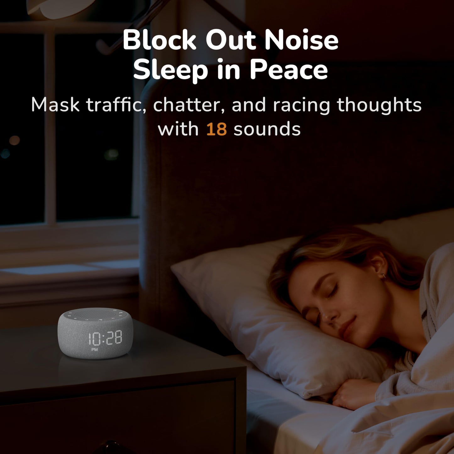 Buffbee Alarm Clock with Sound Machine for Bedrooms – 2-in-1 White Noise Machine for Sleep, Gentle Wake-Up with Soft Alarm Sounds, Ambient Night Light, Plug-in, Sleep Better, Wake Gently