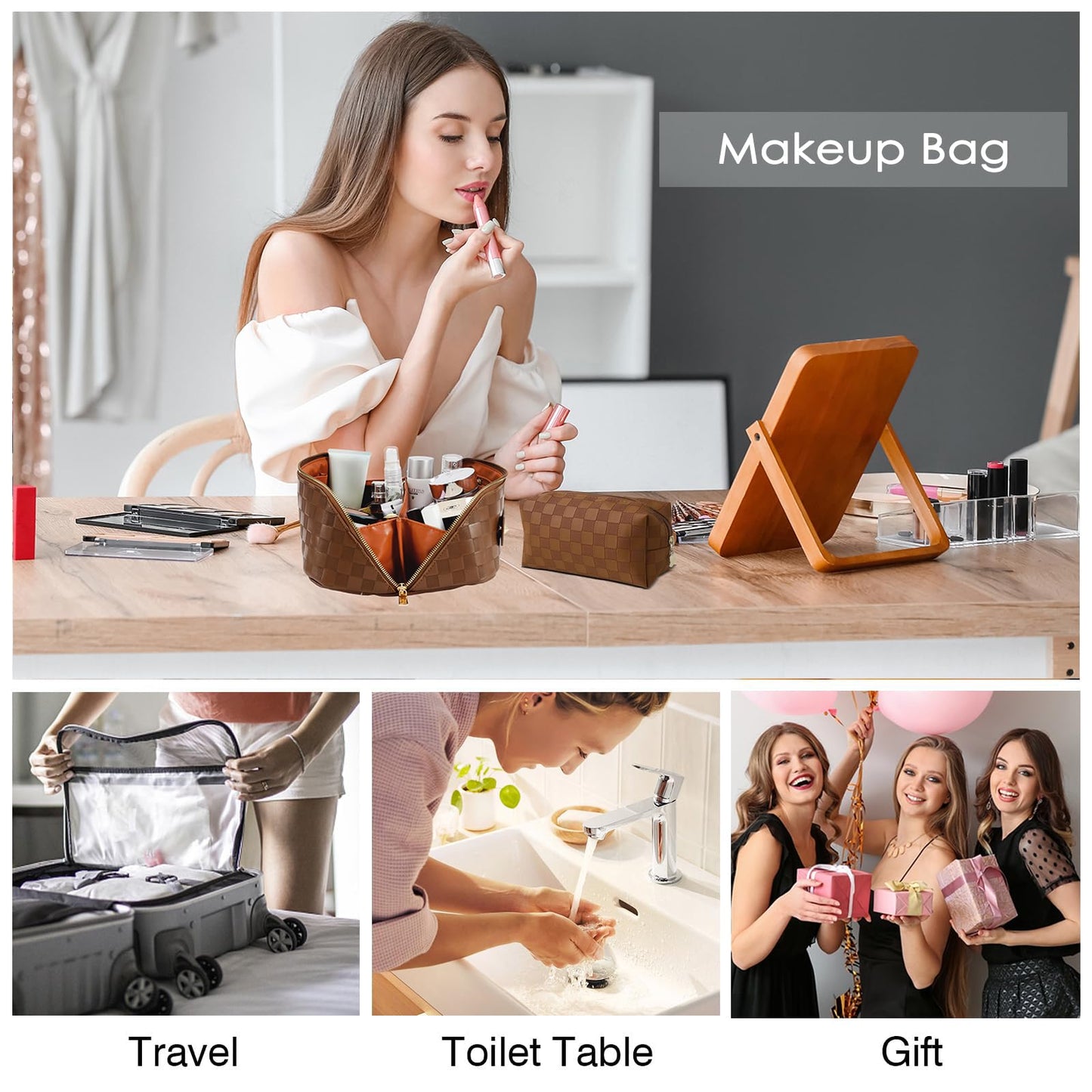 Checkered Travel Makeup Bags Cosmetic Organizer Bag: 2-Set Large Capacity Waterproof Makeup Bag - PU Leather Toiletry Bag for Women - Wide Open Portable Pouch with Handle and Divider (BLACK)