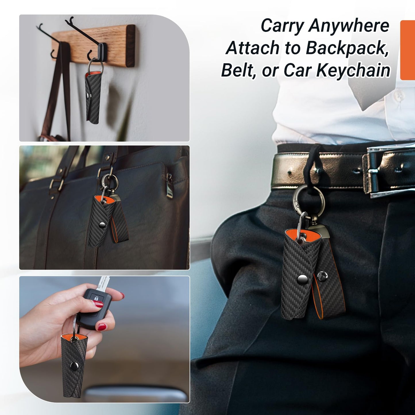 Carbon Fiber Key Wrap Keychain, Silent Compact Key Organizer with PU Leather Interior for House Keys, Men & Women