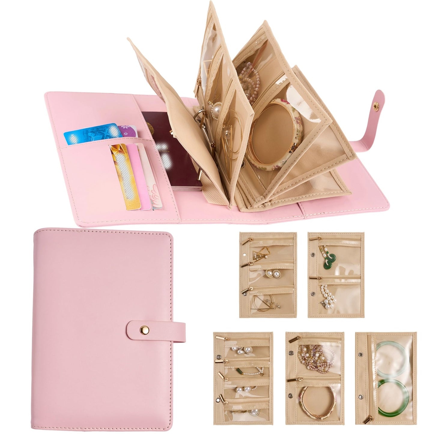 PU Leather Travel Jewelry Storage Box - Jewelry Binder Organizer with Zipper Velvet Pouches Bracelet Earring Rings Necklaces Jewelry Binder Gift for Women -Pink
