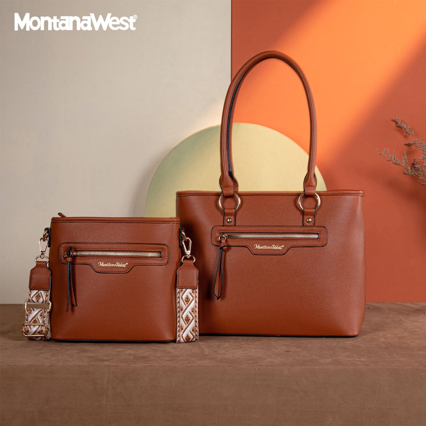 Montana West tote purse for women medium crossbody purse set 2pcs brown cute trendy woman handbag and purse ladies designer handbag with guitar strap MWC-HB-SET-330-BR