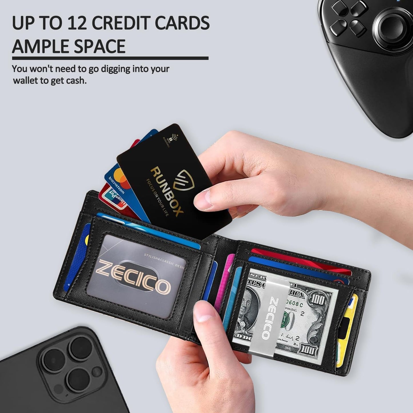 ZECICO Mens Slim Wallet Money Clip: Bifold Vegan Leather Wallets RFID Blocking Front Pocket Wallets Credit Card Holder with ID Windown Gifts for Men
