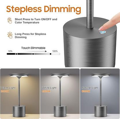 Cordless Table Lamp, Portable Rechargeable 6000mAh Outdoor Table Lamp, 3 Color Stepless Dimming Battery Powered Lamp, LED Table Light for Dinner/Restaurant/Outdoor (Gray)