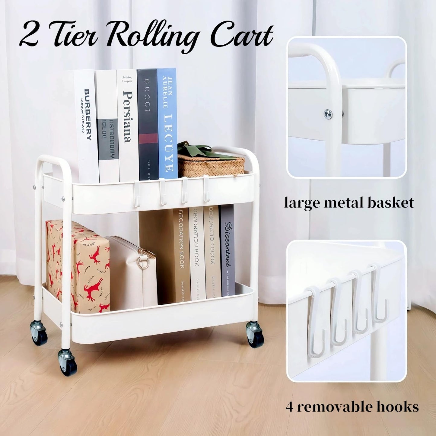 Ufriandz Under Desk Storage Cart 2 Tier Utility Rolling Cart with Wheels, Small Metal Mobile Trolley with Handle Two Tiered Utility Organizer Roller for Kitchen Office Bathroom Pantry Room, White