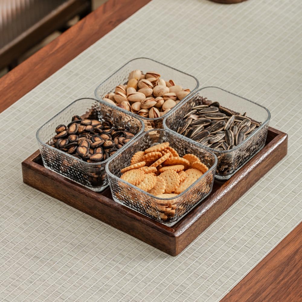 Square Glass Snackle Box Container Snack Organizer and Fruit Platter with Walnut Wooden Lids and Tray Divided Serving Tray for Nuts Candy Fruits (4 Jars)