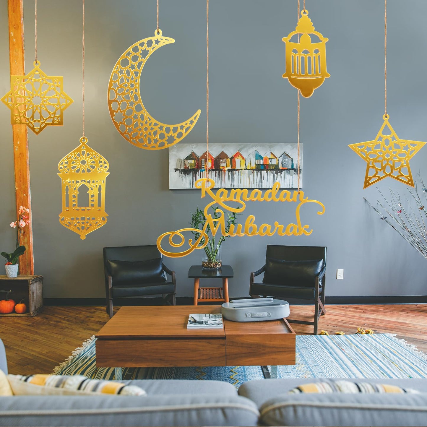6pcs Ramadan Ornaments, Acrylic Ramadan Kareem Decoration Eid Mubarak Pendant Wind Light Moon Star Shaped Ramadan Decor for Hanging on Walls Windows Trees (Golden)
