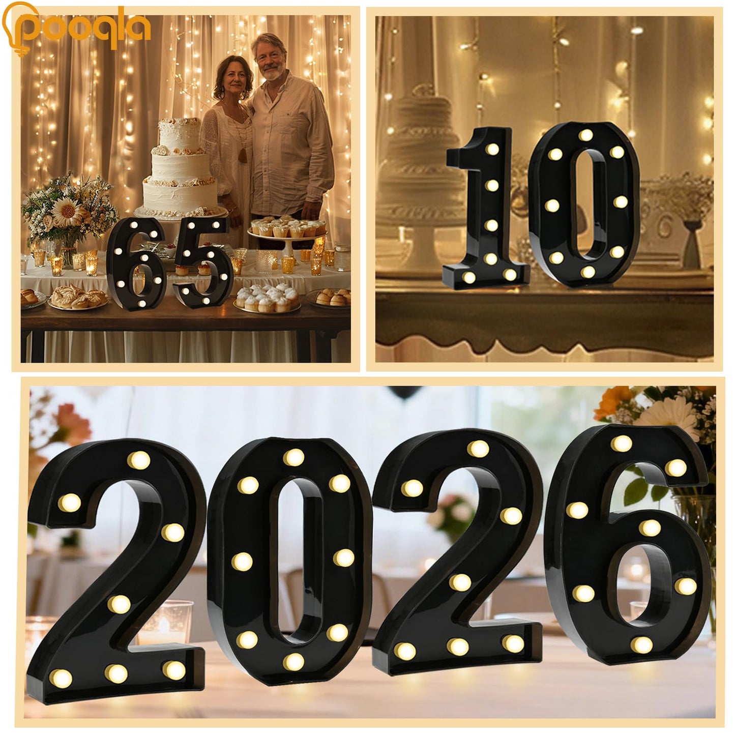 Pooqla Decorative Led Light Up Number Letters, Black Plastic Marquee Number Lights Sign for 50th Birthday Party Wedding Decor Battery Operated Black Decoration 50