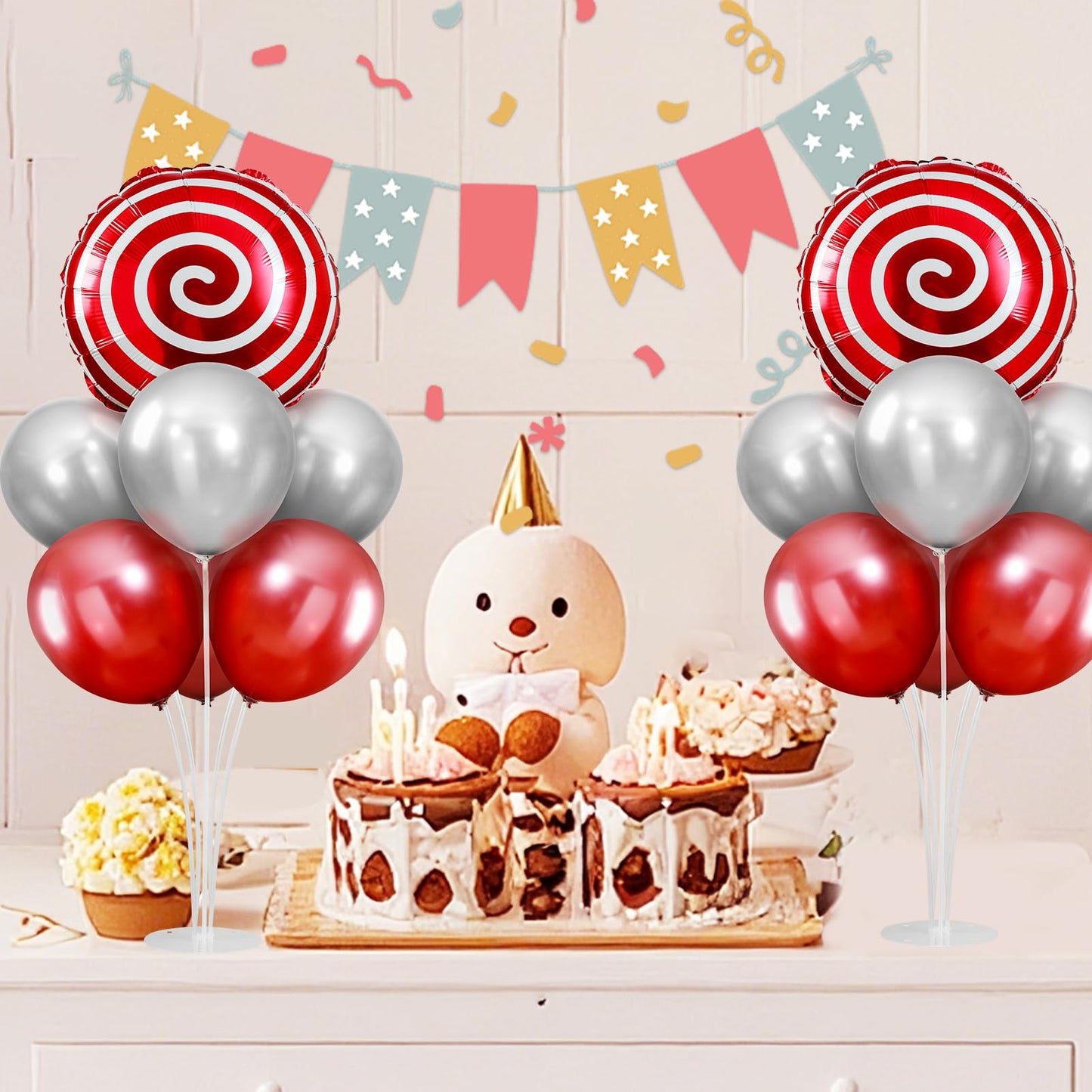 2 Sets Red White Lollipop Balloon Stand Kit, 18 Inch Swirl Foil Balloons Table Centerpieces for Candyland Birthday Party Decorations, Baby Shower, Sweet Candy Themed Party Supplies-Red