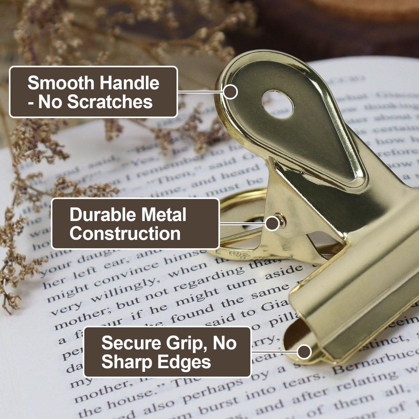 5 Pcs Bulldog Clips, 2.6x2.2 Inch Journal Clips, Metal Binder Clips, Heavy Duty Spring for Holding Journal Open, Documents, Bags Sealing, Art Books, Sheet Music (Gold)