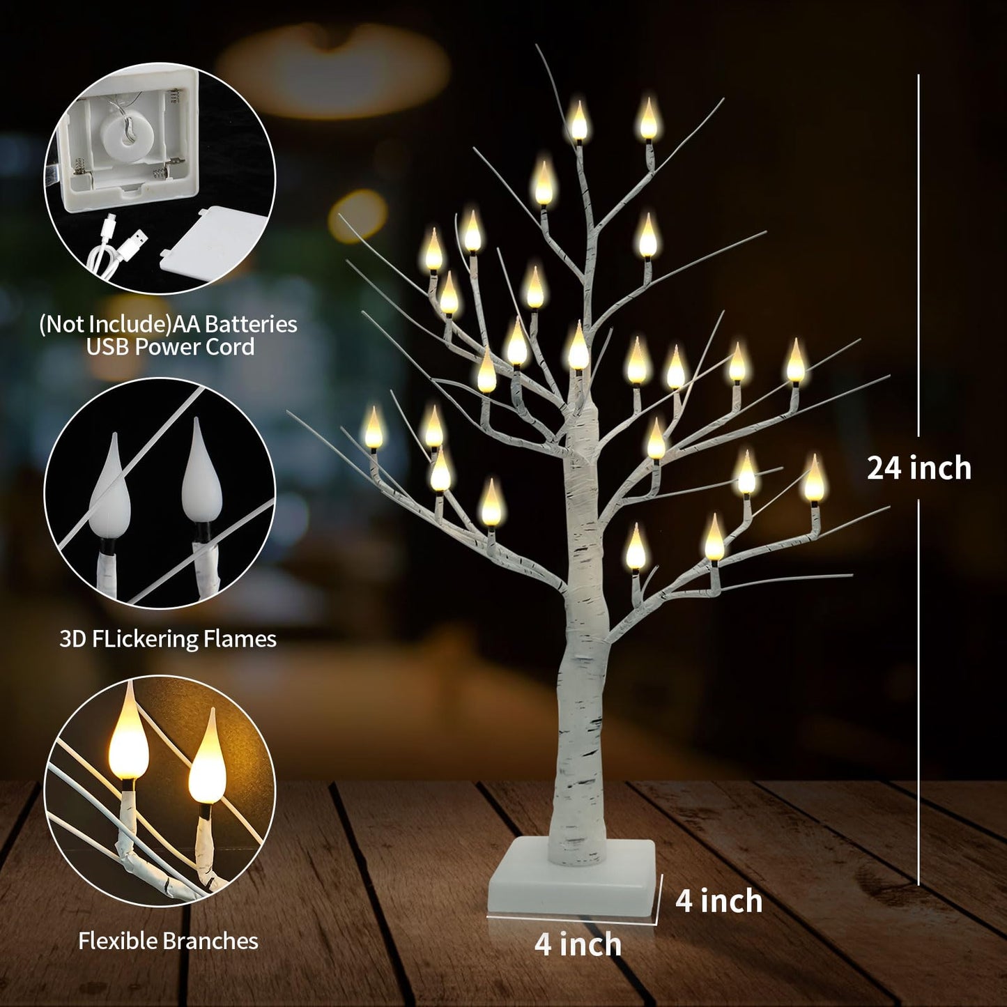 Evicyego 2Ft Candle Light Trees for Decoration Indoor, Twinkle Tree with 24LED Flameless Candles Lights, USB/Battery Operated Birch Tree Candles for Home Tabletop Mantel Christmas Birthday Party Decor