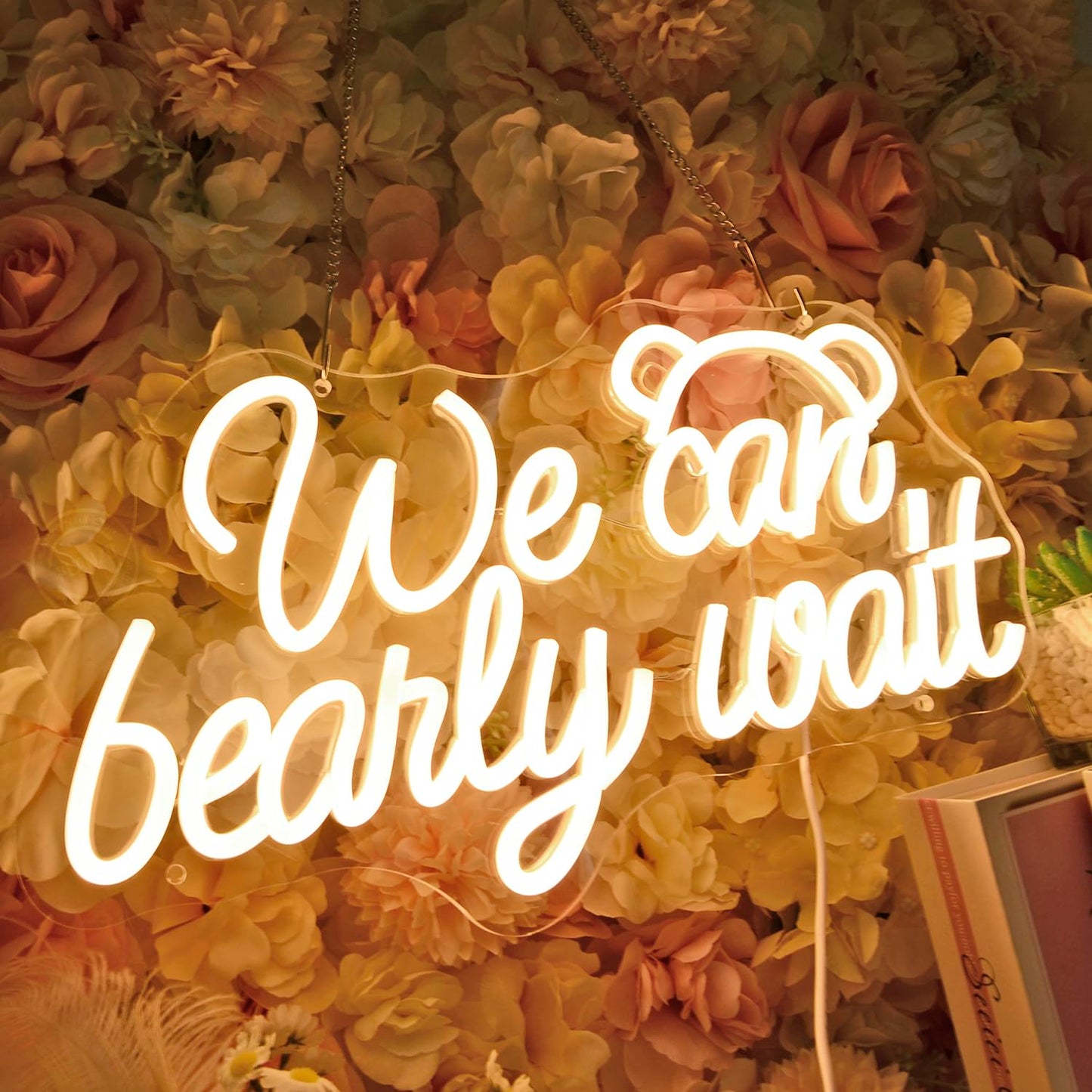 Planzo We Can Bearly Wait Led Neon Light SIgn Baby Shower Wedding Baby Kids Room Nursery Bedroom Hanging Wall Sign Decor USB Bear Light Up Sign 15.7"x8.7"