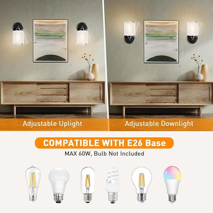 Wall Sconces Set of Two Bathroom Light Fixtures with Frosted Glass Shade, Modern Matte Black Wall Lights Vanity Lights, Sconces Wall Decor Set of 2 for Bathroom Bedroom Mirror (E26 Base)
