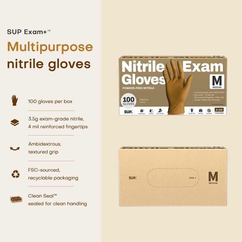 SUP Powder-Free Nitrile Exam Gloves, 100 Count Food Safe Latex-Free Disposable Gloves for Medical Cooking Cleaning Food Prep, Tan (Medium)