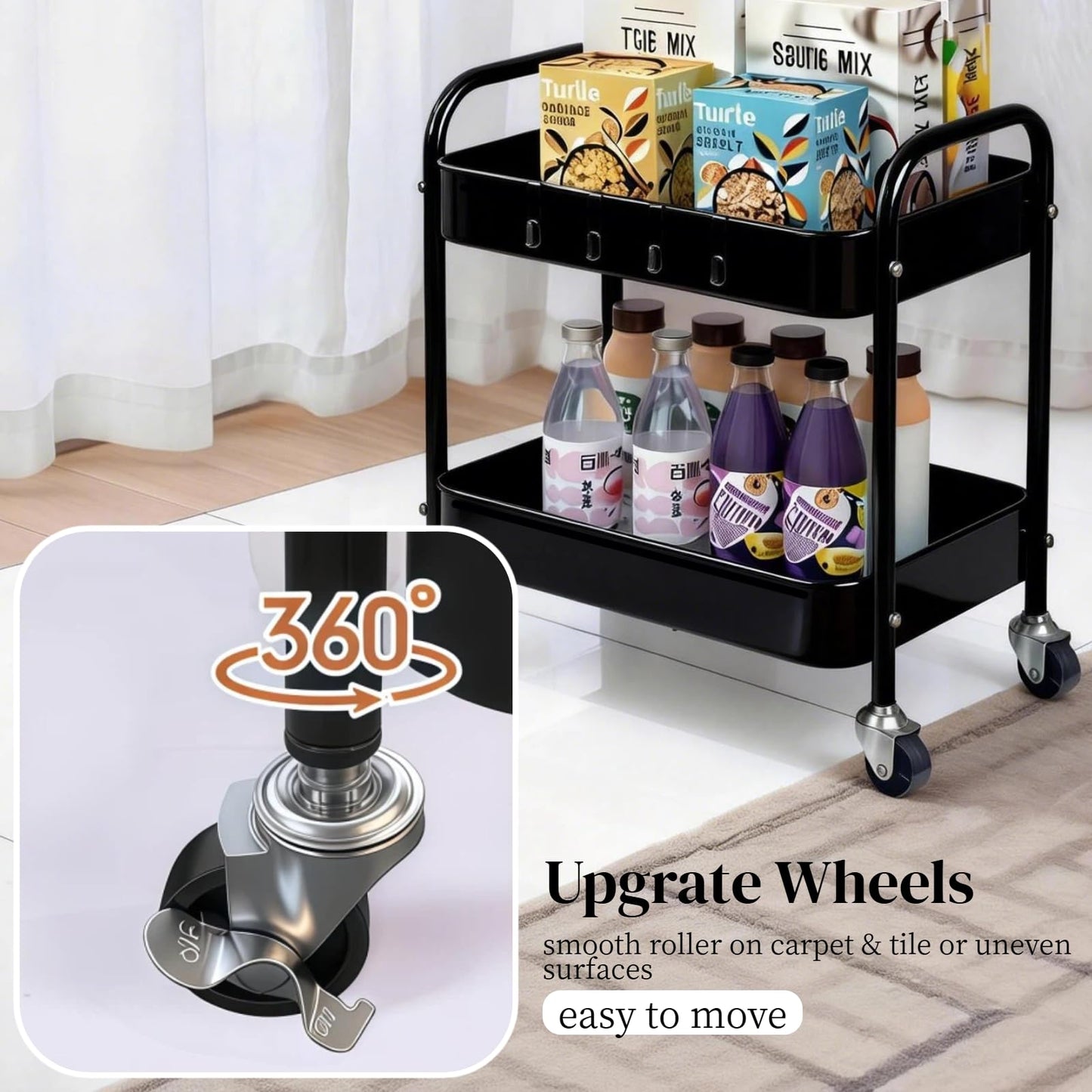 Ufriandz 2 Tier Metal Rolling Utility Cart with Wheels Under Desk Storage Cart with Handle, Roll Around Organizer Trolley for Small Space Pantry Bathroom Home Kitchen Office Snack Baby Supplies, Black