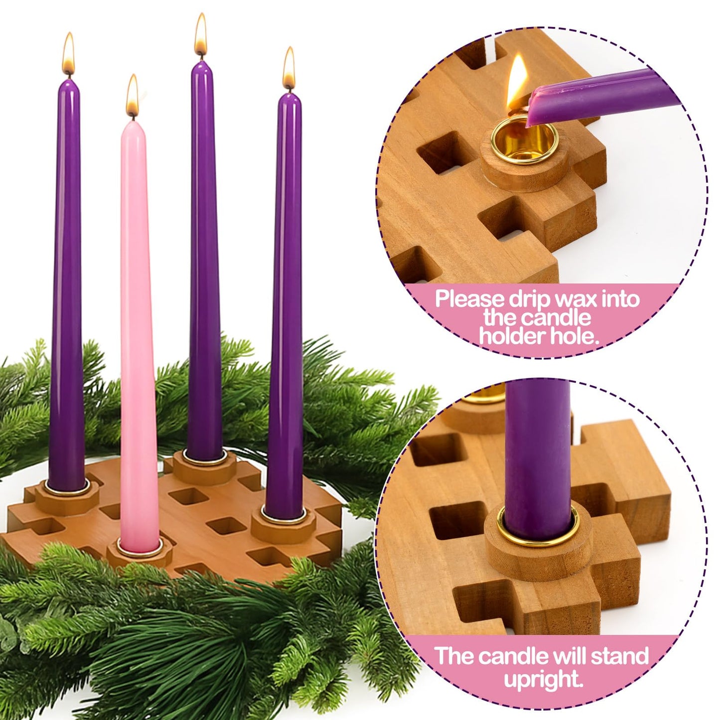 Mumufy 5 Pcs Advent Candle Holder Set Christmas Centerpiece Religious Decorations Snowflake Shape Wooden Advent Candlestick Holders with Purple Pink Taper Candles for Thanksgiving Christmas Nativity