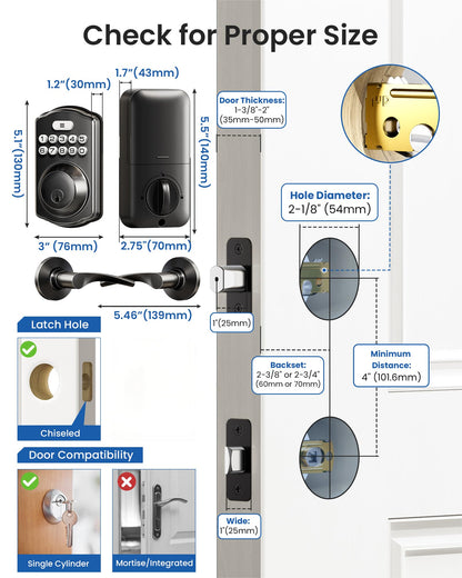 Veise Keyless Entry Door Lock with 2 Lever Handles - Electronic Keypad Deadbolt, Easy Installation Digital Smart Front Door Lock Set, Oil Rubbed Bronze
