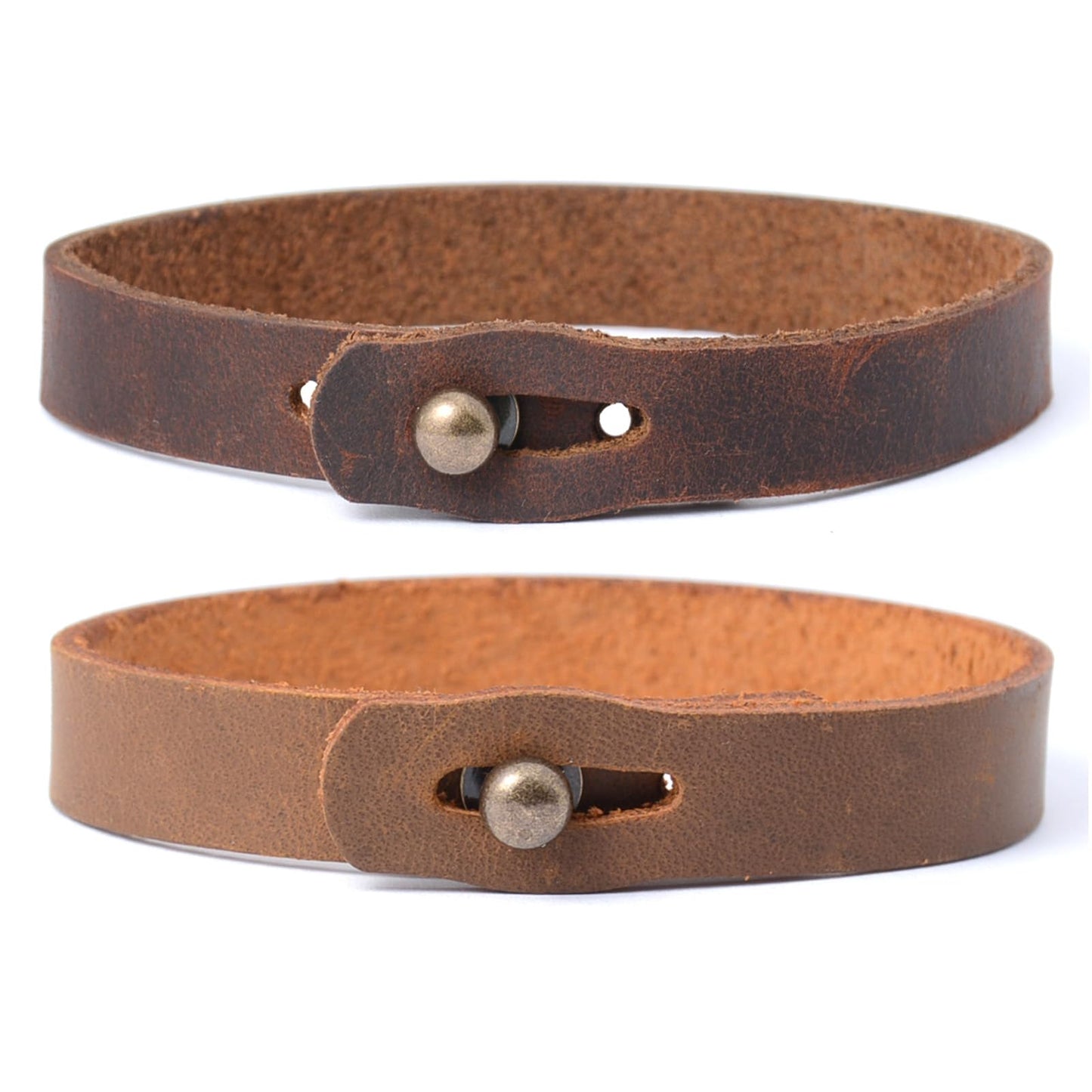 2 Pack Leather Bracelets for Men - Crazy Horse Leather Cuff, Handmade Adjustable Bracelet Set with Solid Brass Screw Buckles, Gifts for Him (Dark Brown/Light Brown)