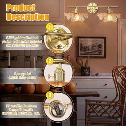 Bathroom Light fixtures Vintage Wall Sconce 2 Light Bathroom Vanity Light Gold Wall Sconce Lights Amber Glass Art Deco Vanity Lights Over Mirror for Bedroom Hallway Living Room