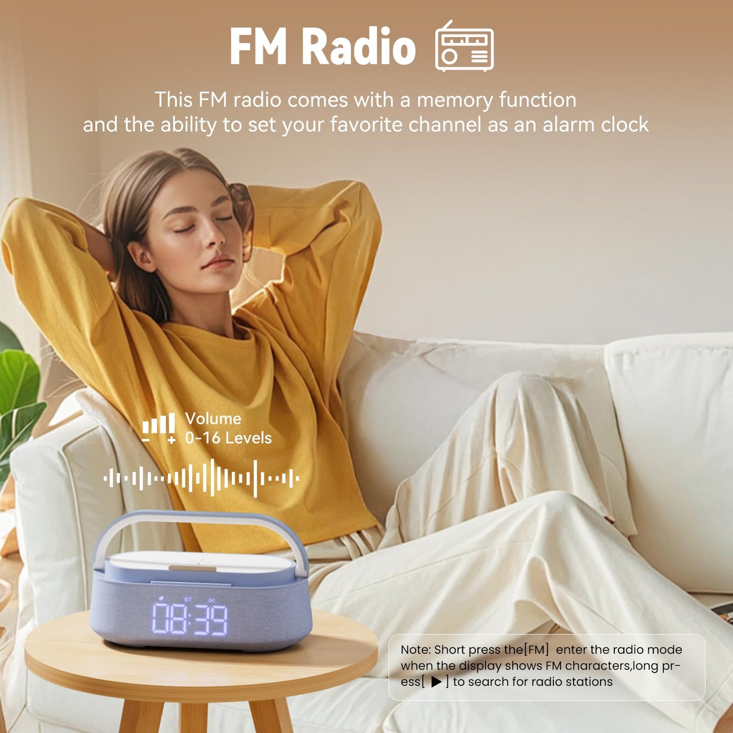 FREEFISH 6-in-1 Bluetooth Speaker with Wireless Charging, FM Radio,Bedrooms Dimmable Nights Light, Snooze Function for Home, Office, Wireless Charger Compatible iPhones 16/15/14/13/12